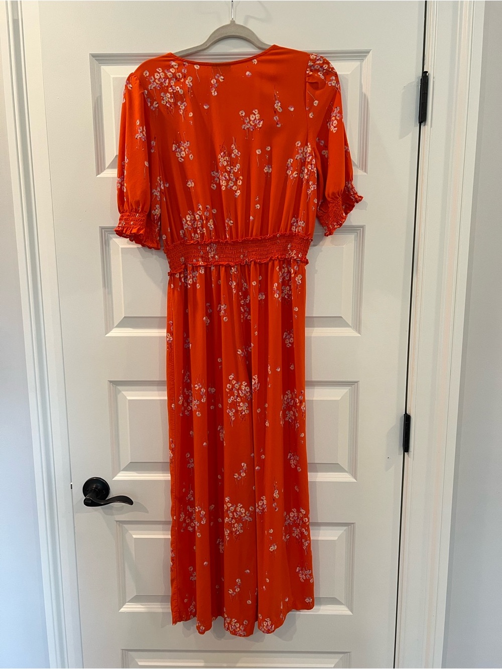 a.n.a Coral Orange Floral Wide Leg Jumpsuit Smocked Waist Boho - Picture 8 of 8